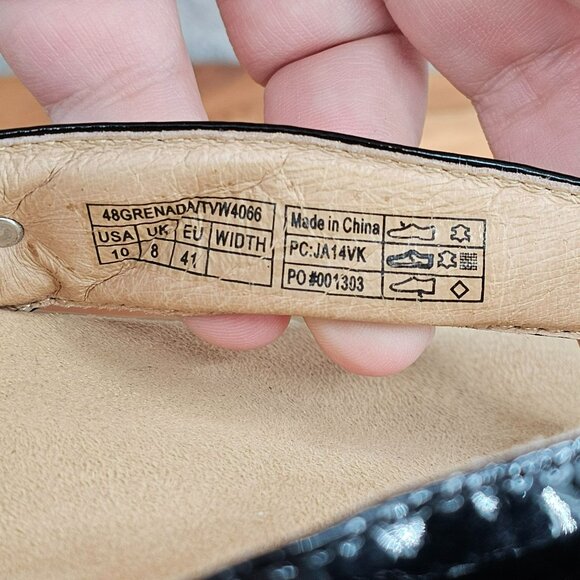 Vionic Grenada Wedge Thong Sandals 10 Black Patent Leather Woven Tan Orthopedic - Picture 2 of 14